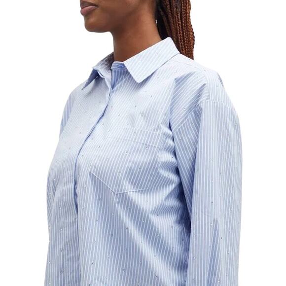 Good American Rhinestone Pinstripe Shirt L, Oversized Button Down Shirt - Picture 4 of 8